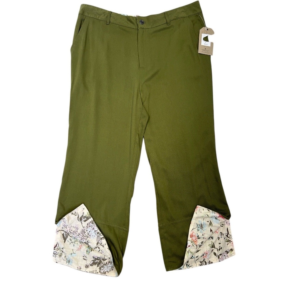 Frye&Co Pants Women Green XL Wide Leg Cropped Rayon Split Hem w/ Floral Accents